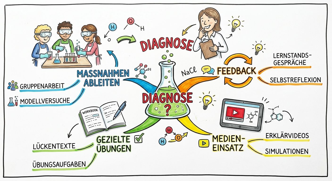 Das Sketch zeigt einen Diagnoseweg in Chemie. In der Mitte steht ein Dampfender Erlenmeyerkolben. Von ihm gehen verschiedene Arme weg zu "Maßnahmen ableiten", zu "gezielte Übungen", zu "Medieneinsatz, zu "Feedback" (generiert mit nanobanana2|gem:Sketchy|Prompt:Kuntze 2026)