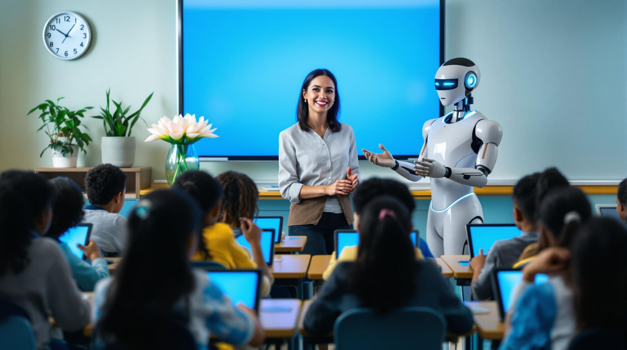 KI und Lehrkraft unterrichten eine Klasse gemeinsam (Generiert mit nanobanana2|Prompt Kuntze 2025)