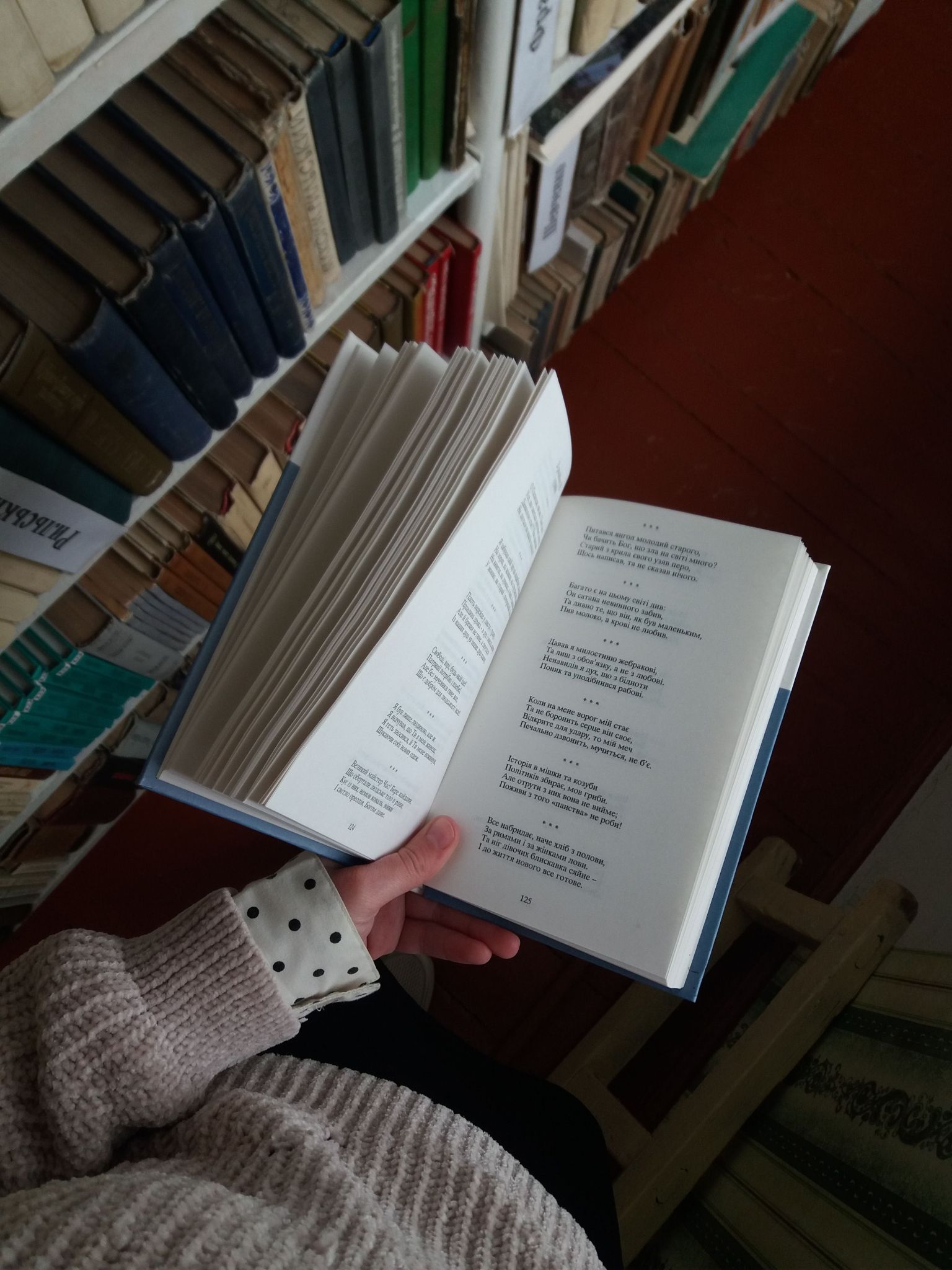 Frau, die in einer Bibliothek ein Buch liest und die Liebe zur Literatur und Wissen zeigt (Quelle: pexels|Liudmyla Honcharova)