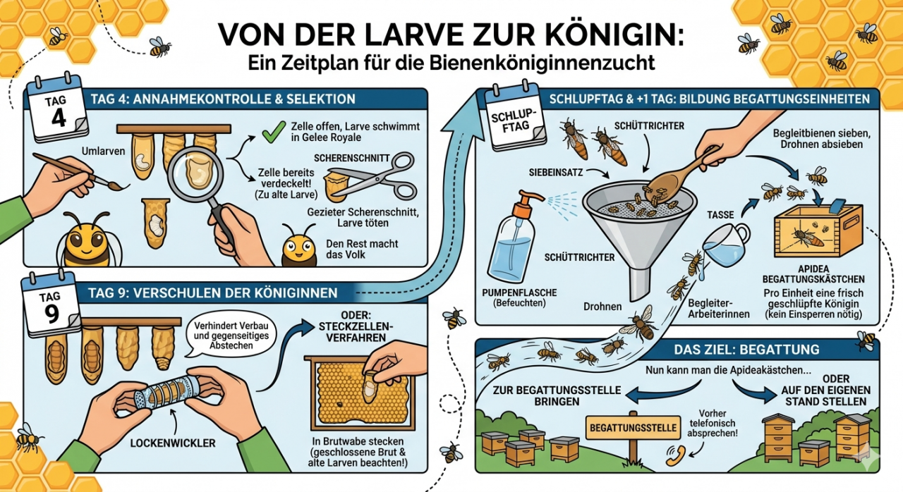 Was passiert nach dem Umlarven? Infographik, die die weiteren Schritte nach dem Umlarven aufzeigt. Von der Königinnenselektion bis hin zur Beschickung auf eine Belegstelle.